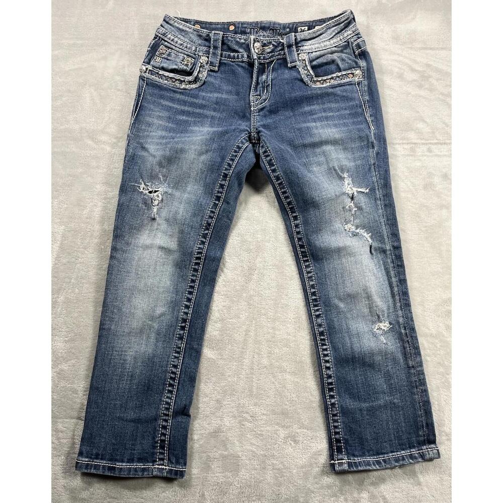 Miss Me Cuffed Capri Jeans Womens 26 Blue Denim Low Rise Distressed JP7189P